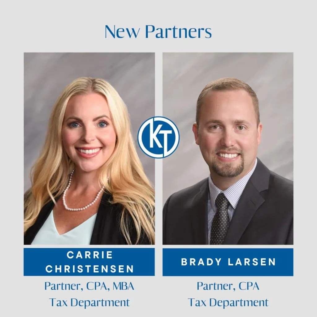 Headshot photos of Carrie Christensen and Brady Larsen - new parners at Ketel Thorstensen in Rapid City South Dakota