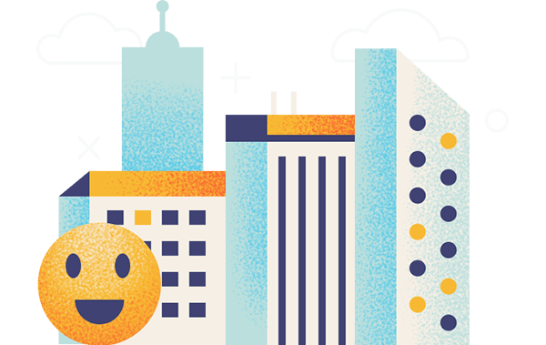 Wallet Hub Happiest places to live smiley face with buildings graphic