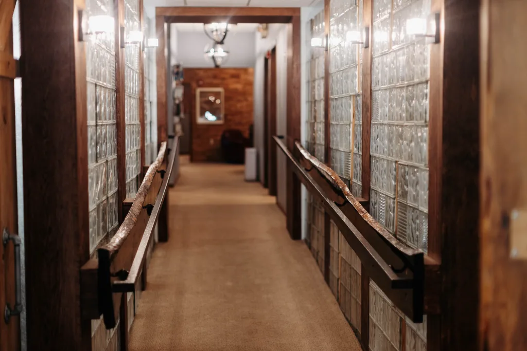 Dark wood hallway with silver details on walls of mystique edge