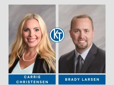 Headshot photos of Carrie Christensen and Brady Larsen - new parners at Ketel Thorstensen in Rapid City South Dakota