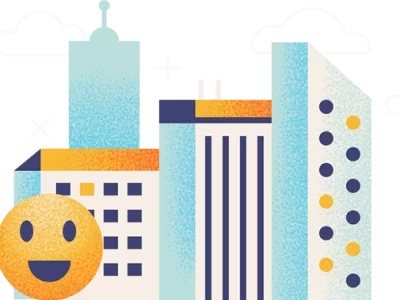 Wallet Hub Happiest places to live smiley face with buildings graphic